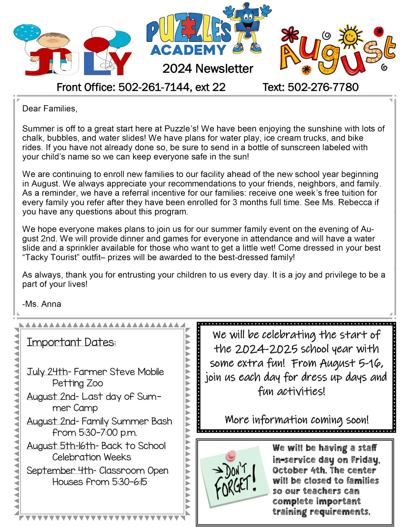 July & August Newsletter